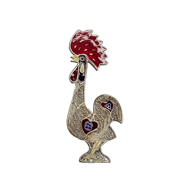 Silver Enamel Rooster Brooch Pin Filigree Red Bird Chicken Farm Sterling? - Picture 1 of 3